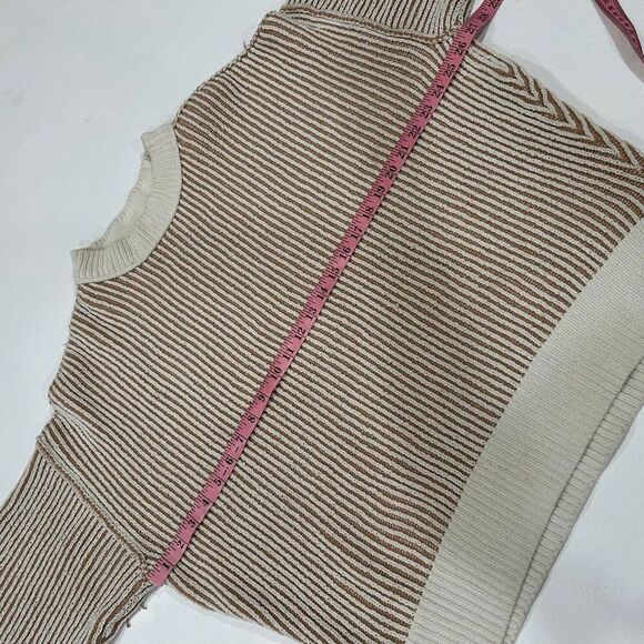 Aerie Striped Knit Sweater Size Small Brown Cream Balloon Sleeve Cozy Fall Top - Picture 6 of 6